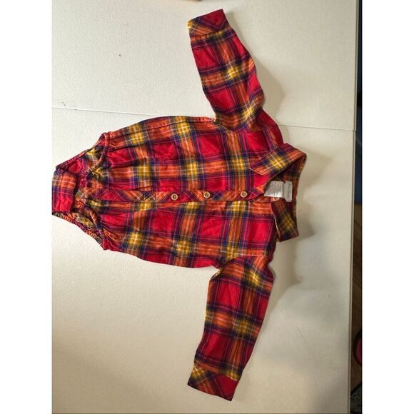 Tahari Boy's Brown Red Plaid Corduroy Overalls Set With Flannel Shirt 6-9 Months - Picture 3 of 4